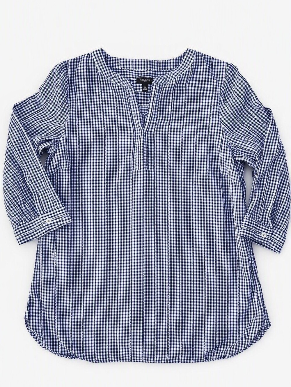 Talbots Black White Check Cotton Split Neck 3/4 Sleeve Tunic Blouse Size MP